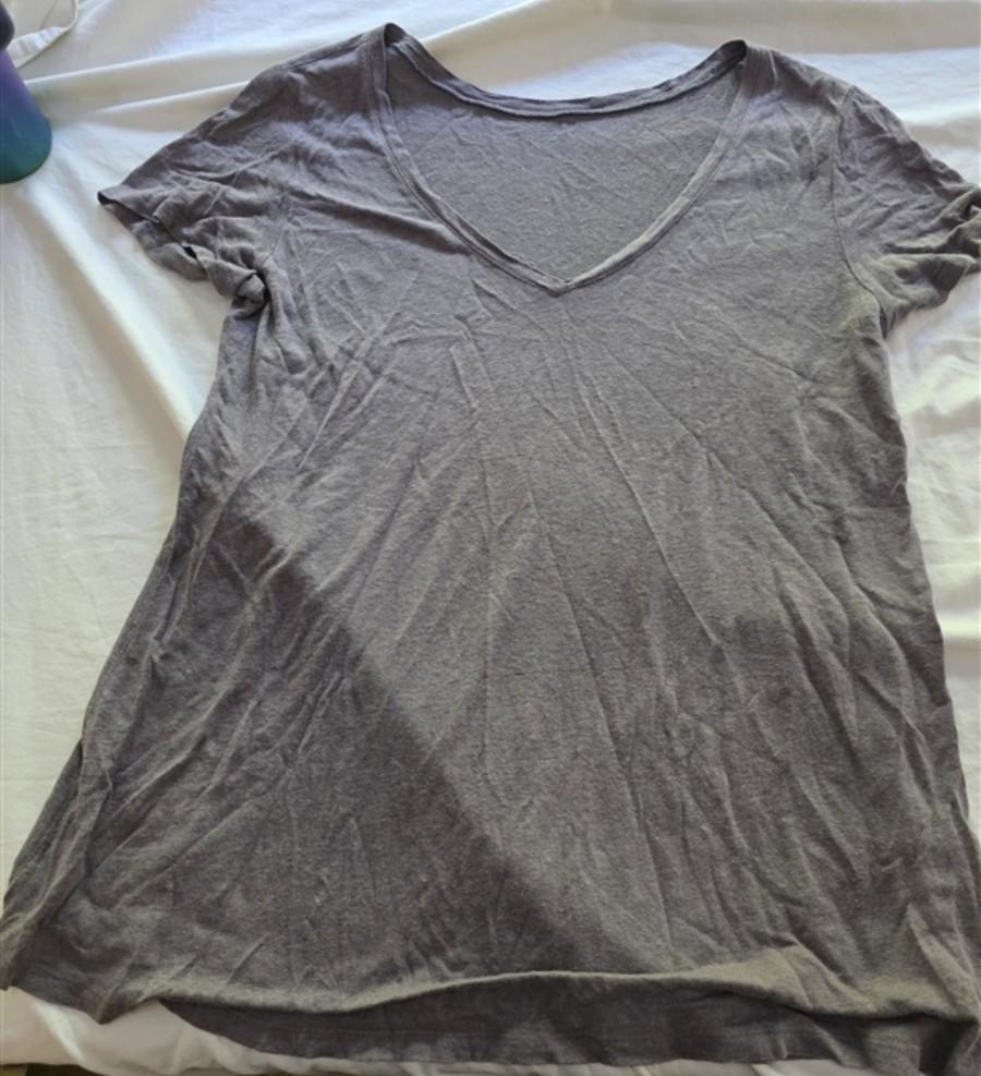 PO Eileen Fisher M Gray Organic Cotton V Neck Short Sleeve T Shirt 136345