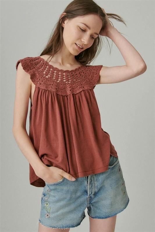 NWOT Lucky L Crochet Yoke Short Sleeve Top Blouse Brown 136364