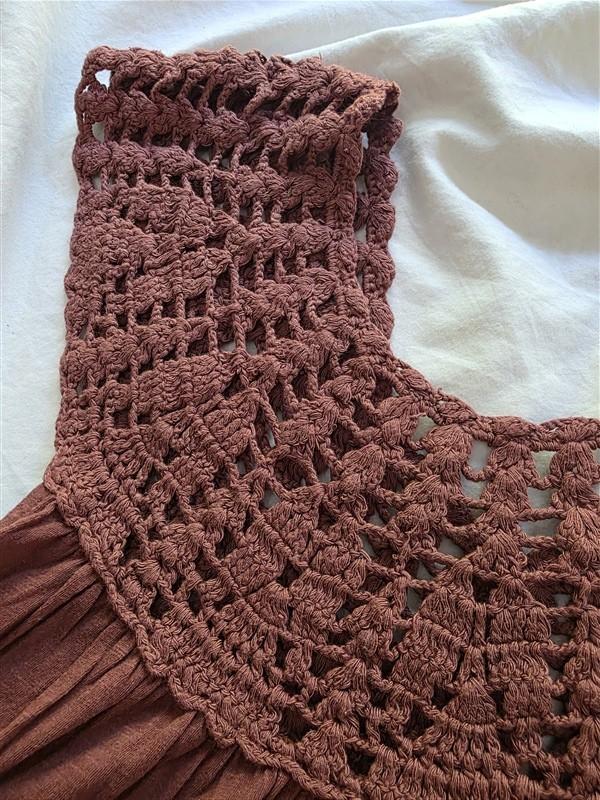 NWOT Lucky L Crochet Yoke Short Sleeve Top Blouse Brown 136364