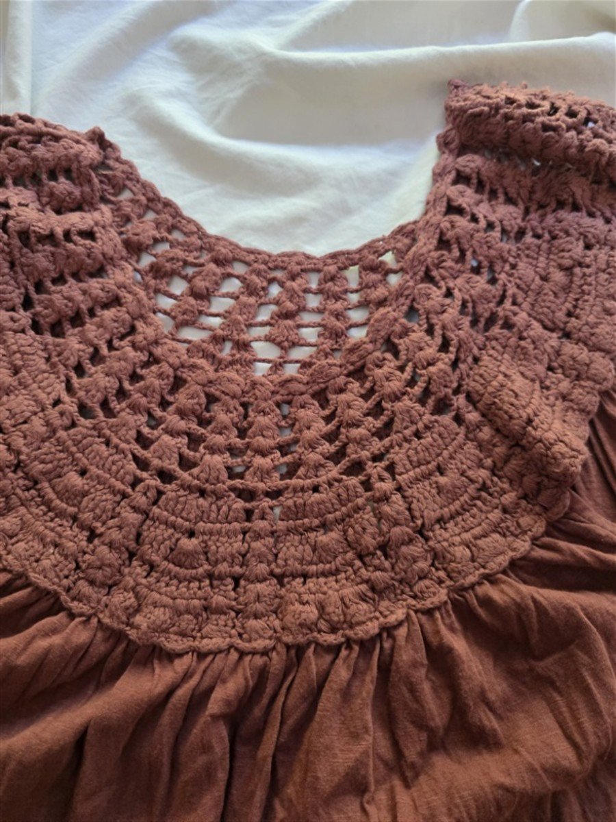 NWOT Lucky L Crochet Yoke Short Sleeve Top Blouse Brown 136364