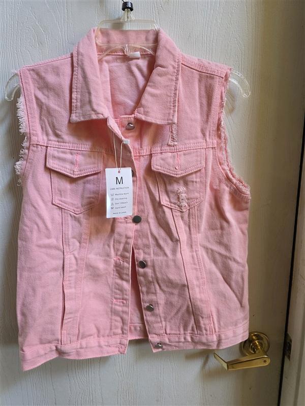 NWT CoWoka M Distressed Denim Vest Pink Pockets 136366