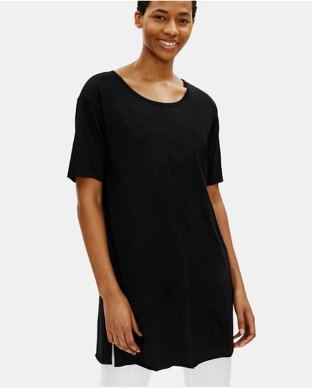 PO Eileen Fisher M Blue Stretch Tunic Top Dress Short Sleeves 136367