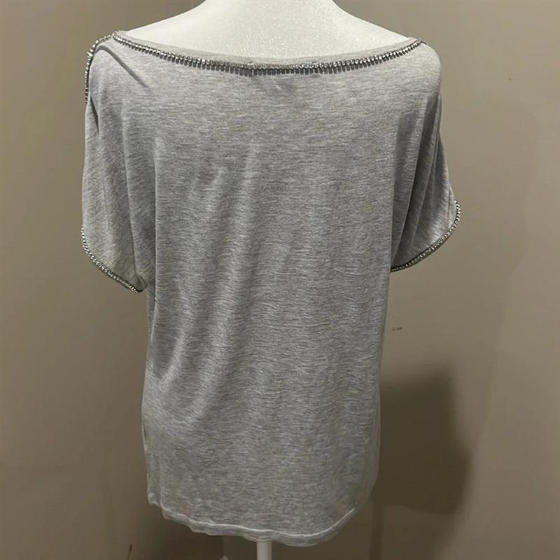 NWOT Boston Proper M Rhinestone Trim Gray T Shirt 136368