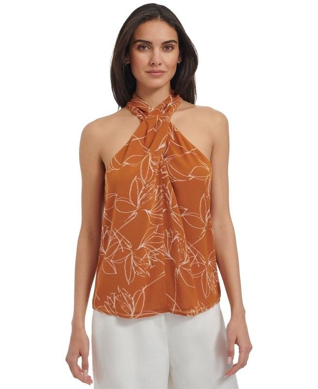 NWT Calvin Klein M Crisscross Halter Top Brown White Floral 136373