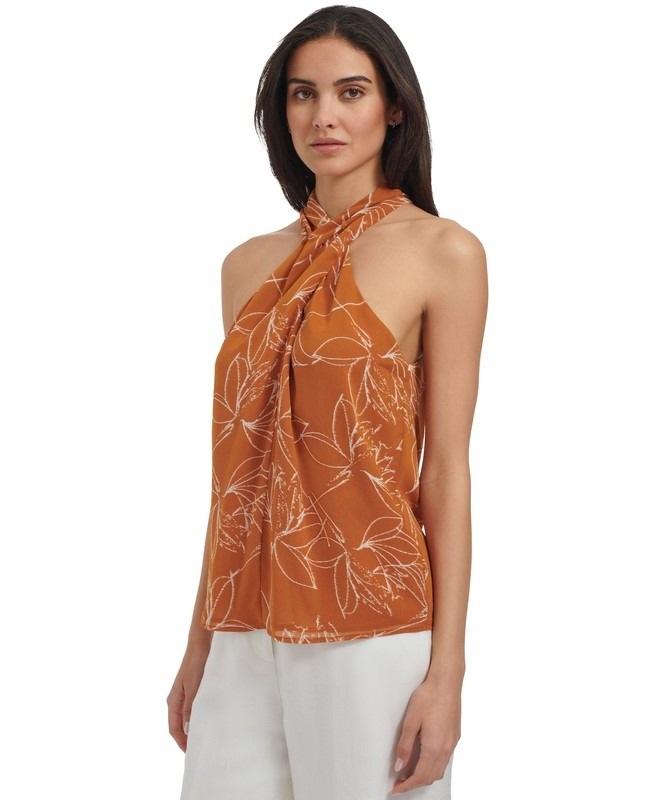 NWT Calvin Klein M Crisscross Halter Top Brown White Floral 136373