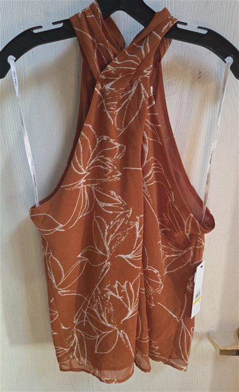 NWT Calvin Klein M Crisscross Halter Top Brown White Floral 136373