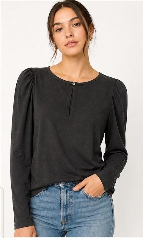 NWT Self Contrast LG Long Sleeve Knit Tee Shirt Keyhole Puff Shoulder 136377