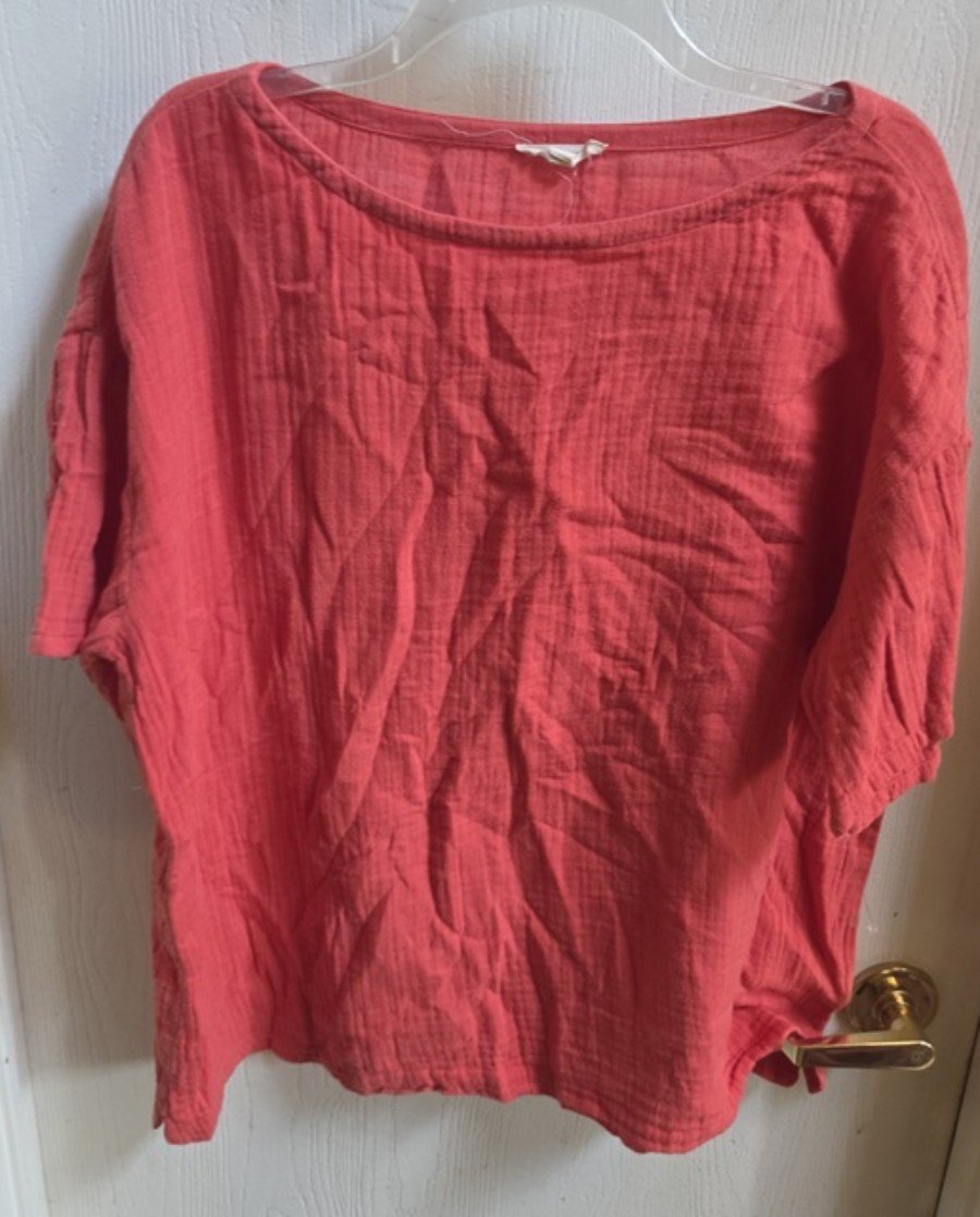 PO Eileen Fisher L Solid Orange Round Collar Gauze Shirt 136379