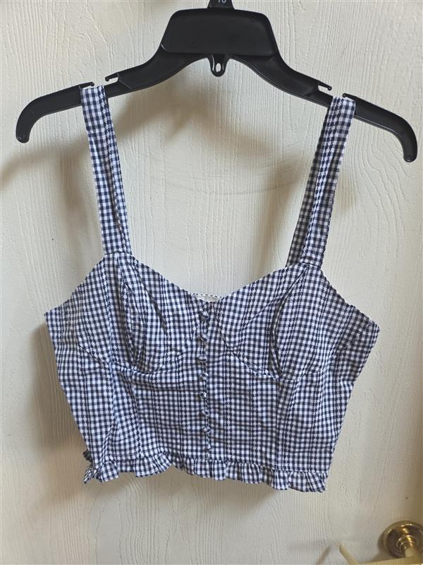 NWT Anthropologie J.O.A. Large Ruffled Hem Crop Top Blue Gingham Check 136388