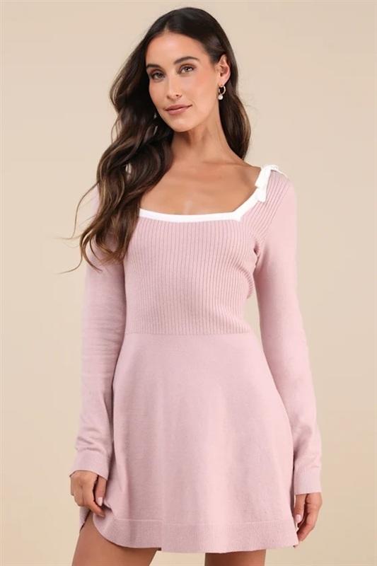 NWOTD Lulu's L Perfect Outcome Mauve Pink Long Sleeve Sweater Mini Dress 136400