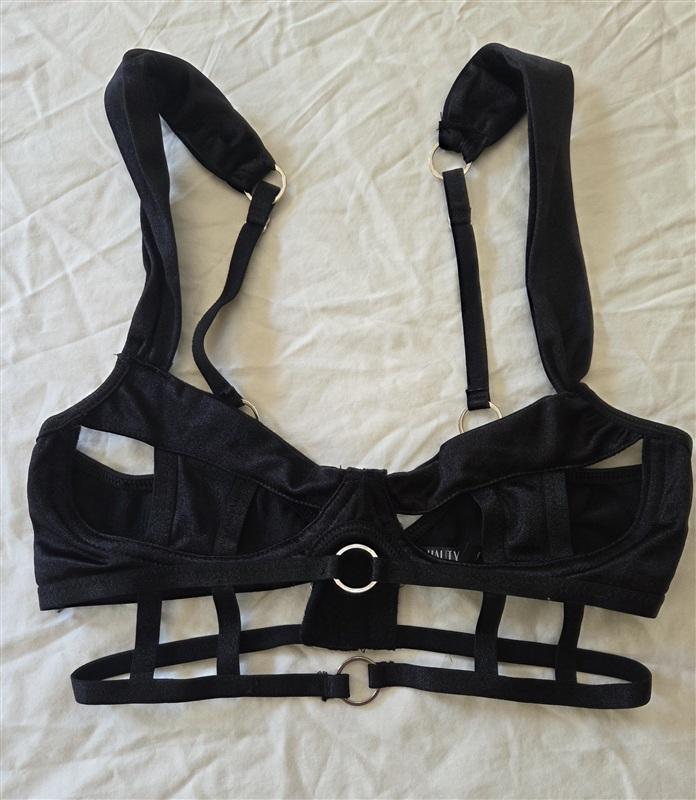 NWOT Hauty SM DEMI Wirefree Black CAGE BRA Silver Rings 136401