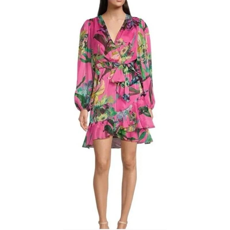 NWT Alex Marie 12 Laurel Chiffon Floral Wrap Mini Dress Pink Fandango 136405