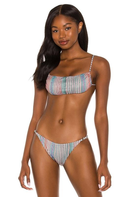 NWT Pilyq L Nirvana Luna Top & Stripe Bikini Full Bottom Swim Set Shimmer 136439