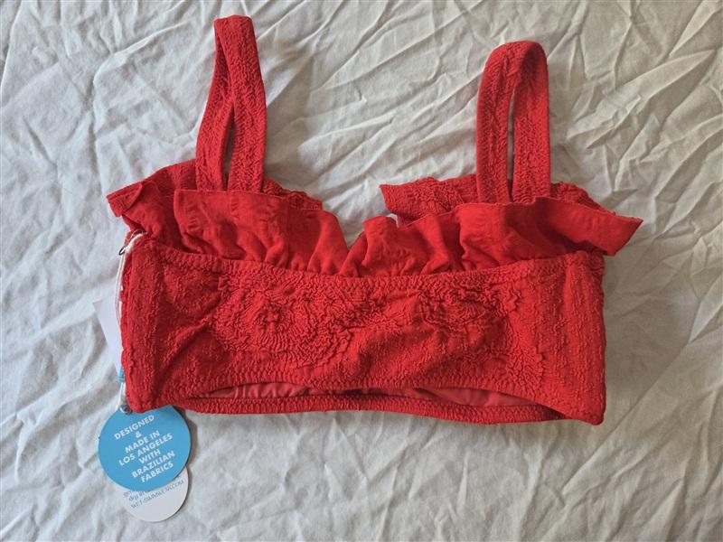 NWT Wet LA M Marina Deep V Ruffle Crop Top Classic Bikini Top Poppy Red 136450
