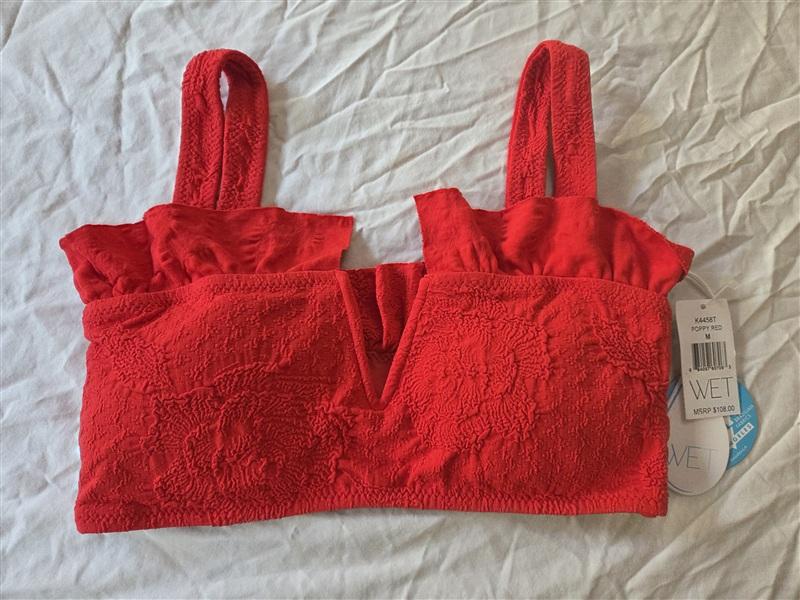 NWT Wet LA M Marina Deep V Ruffle Crop Top Classic Bikini Top Poppy Red 136450
