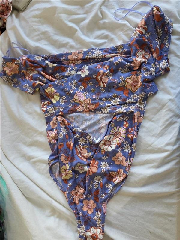 NWOT LUSH S Sammi Cross-Body Cutout Bodysuit Blue Orange brown 136463