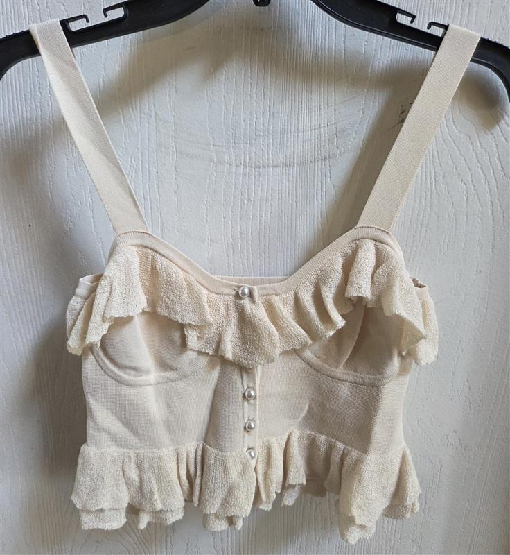 NWOT Lingerie Inspired Knit Ruffled Top Sleeveless Pearl Buttons Ivory 136491