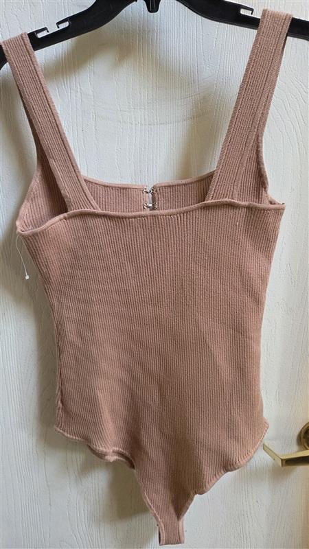 NWOT And Now This XL Ribbed Hook & Eye Knit Thong Bodysuit Beige 136492