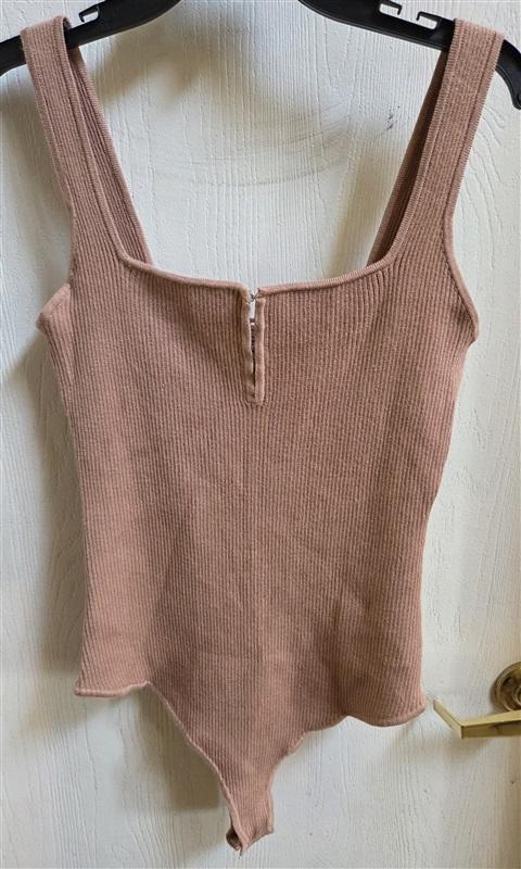 NWOT And Now This XL Ribbed Hook & Eye Knit Thong Bodysuit Beige 136492
