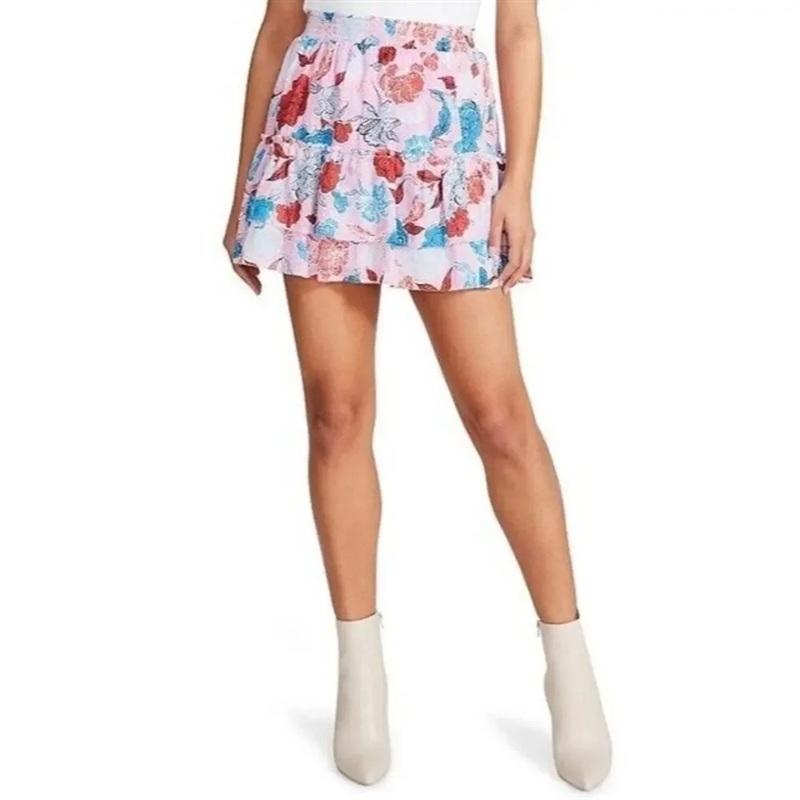 NWT BB Dakota Steve Madden L Tiered Pink Blue Red Mini Skirt 136496
