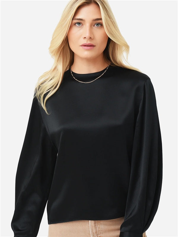NWOT Vince S Pleated Cuff Crew Neck Blouse 100% Silk Black 136517