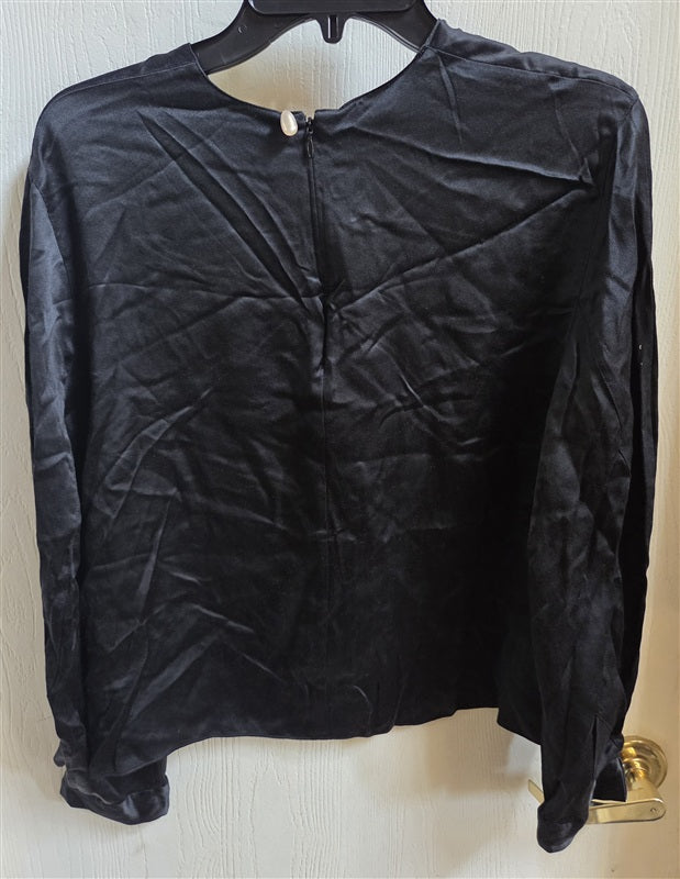 NWOT Vince S Pleated Cuff Crew Neck Blouse 100% Silk Black 136517