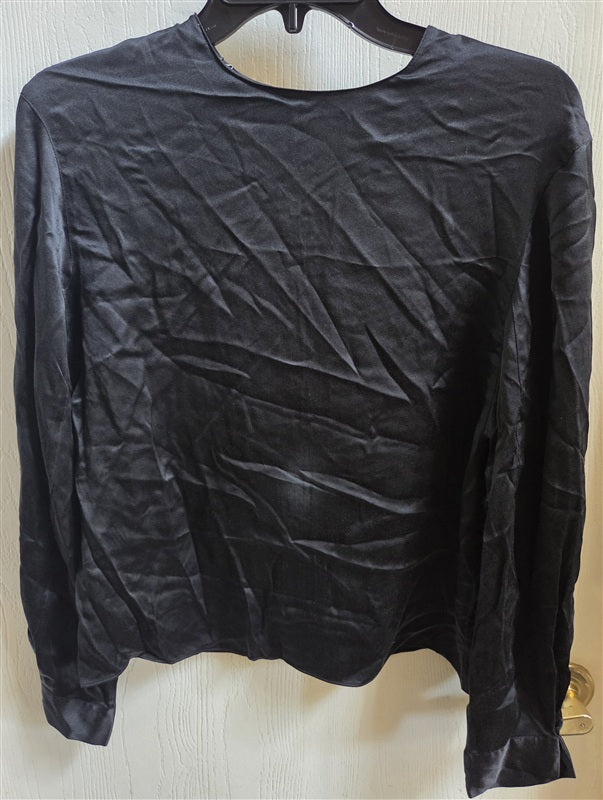 NWOT Vince S Pleated Cuff Crew Neck Blouse 100% Silk Black 136517