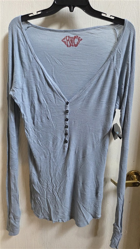 NWT CHICK by Nicky Hilton L Henley Tunic Sky Blue Y2K Semi Sheer 136529