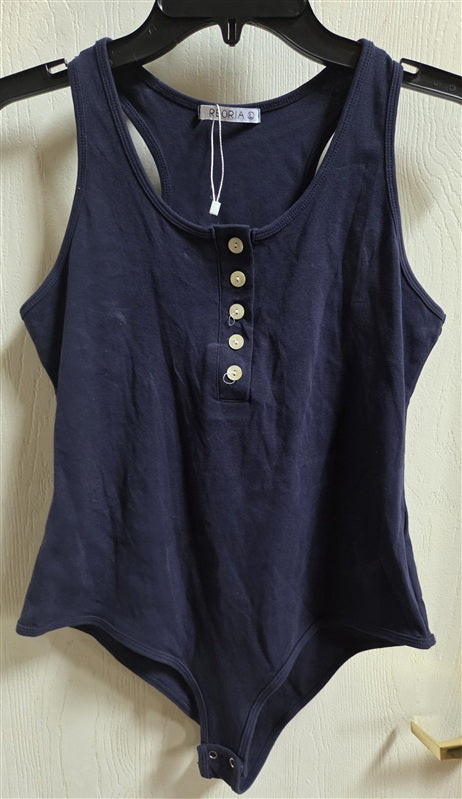 NWOT ReOria Large Henley Tank Knit Button Bodysuit Blue 136531