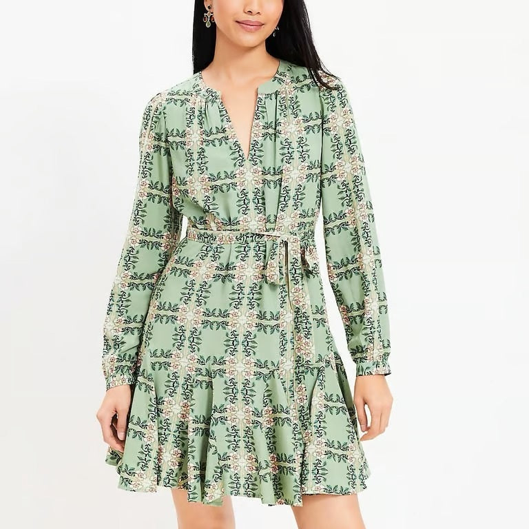 NWOTD Loft XS Garden Tile Green Floral Drop Waist Dress 136534