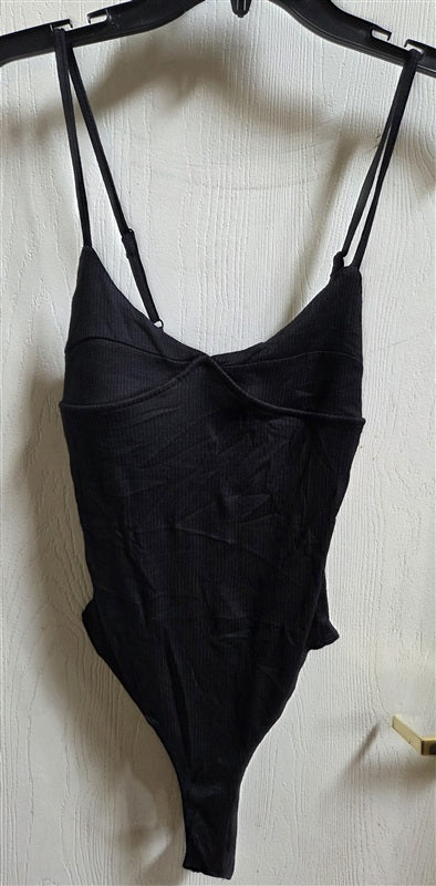 NWT Olivaceous M Ribbed Knit Thong Bodysuit Black 136540