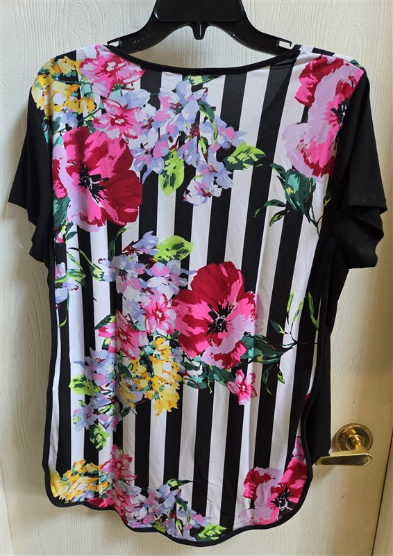 NWT Nygard M Floral Stripe Pink Black Flower Garden Party Shirt 136541