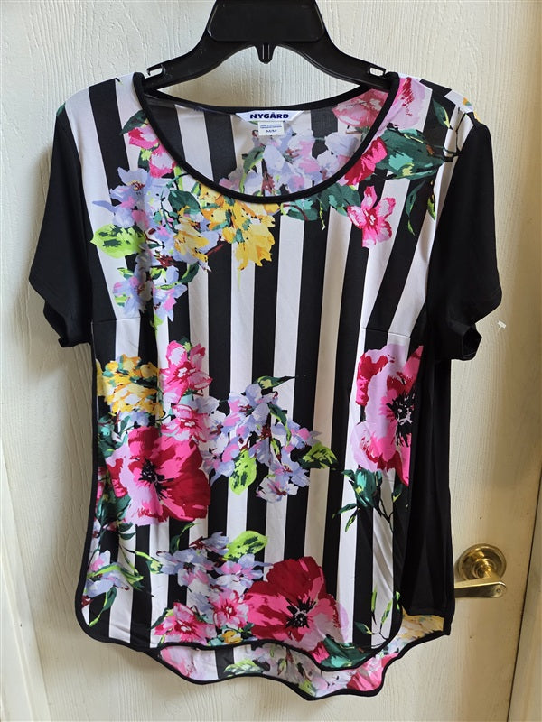 NWT Nygard M Floral Stripe Pink Black Flower Garden Party Shirt 136541