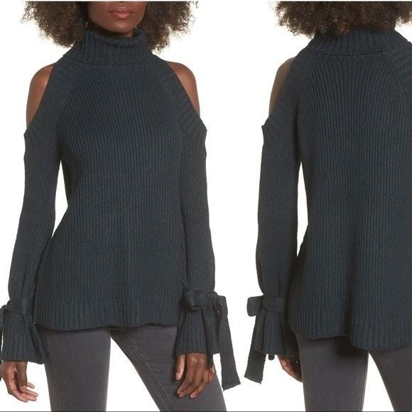 NWT Anthropologie J.O.A. M Cold Shoulder Turtleneck Sweater Tie Sleeves 136543