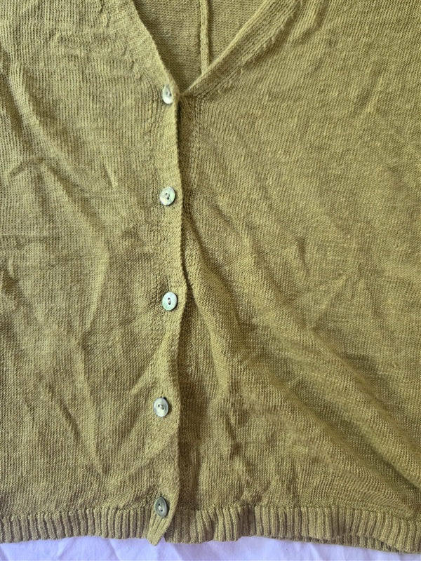 NWOT Eileen Fisher M Linen Cropped 3/4 Sleeve Cardigan Sweater Yellow 136546