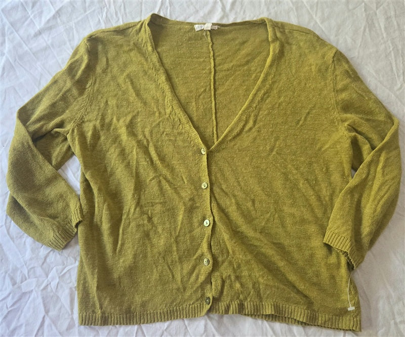 NWOT Eileen Fisher M Linen Cropped 3/4 Sleeve Cardigan Sweater Yellow 136546