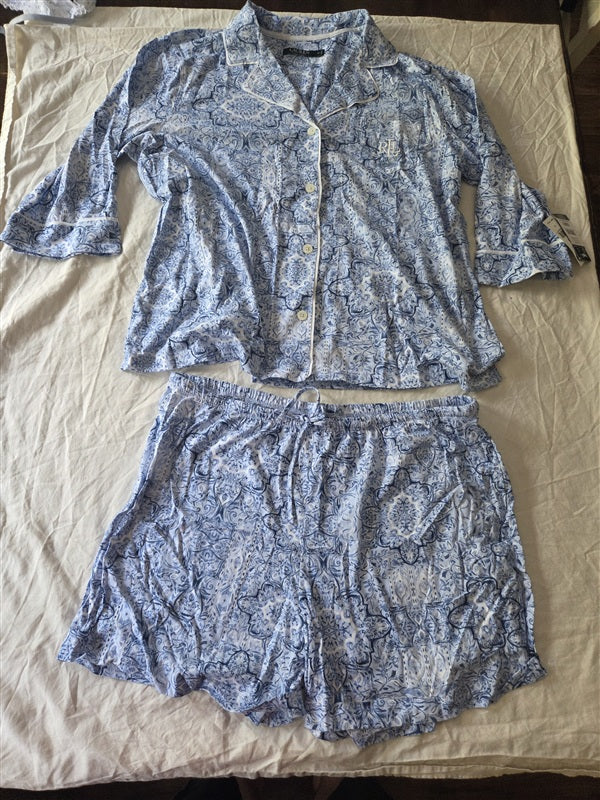 NWT Ralph Lauren 1X Bermuda Knit Pajama Short Top Set Blue White 136552