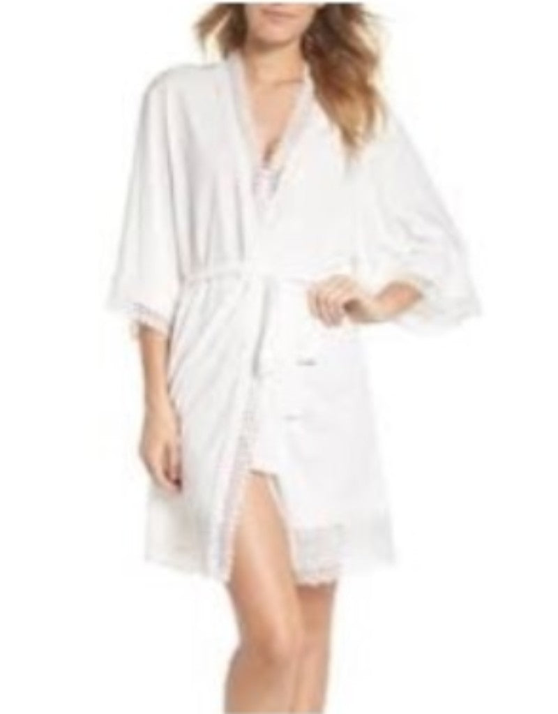 NWT Flora Nikrooz S Edie Cotton Lace Trim Bridal Short Robe Q80699 Ivory 136553