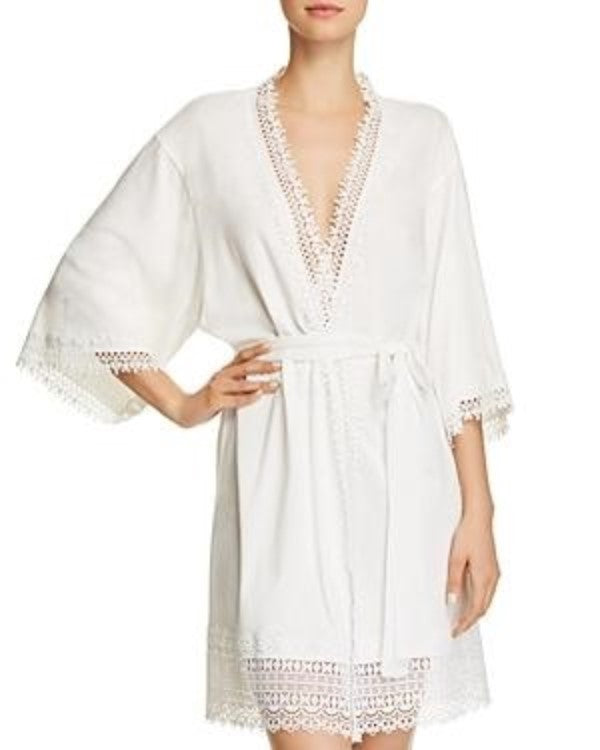 NWT Flora Nikrooz S Edie Cotton Lace Trim Bridal Short Robe Q80699 Ivory 136553