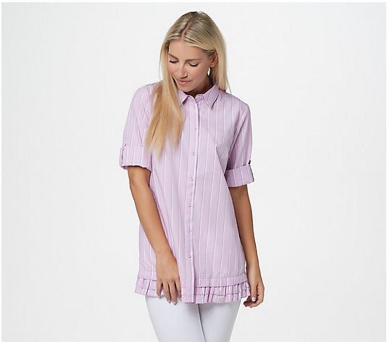 NWOT Joan Rivers S 3/4 Sleeve Striped Shirt Ruffle hem Purple 136554