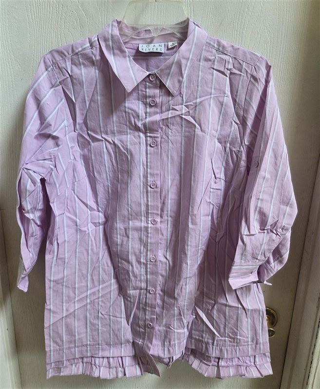 NWOT Joan Rivers S 3/4 Sleeve Striped Shirt Ruffle hem Purple 136554