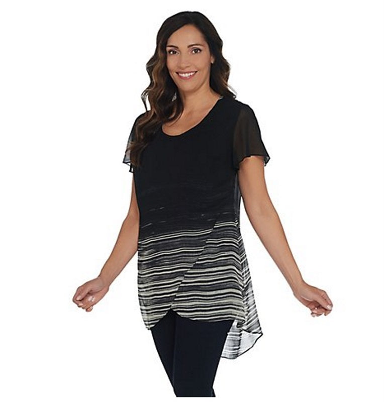 NWT Halston Ombre' Chiffon Overlay Short Sleeve Tunic M Black 136586