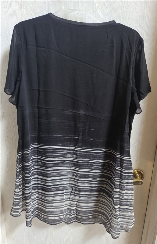 NWT Halston Ombre' Chiffon Overlay Short Sleeve Tunic M Black 136586