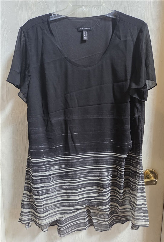 NWT Halston Ombre' Chiffon Overlay Short Sleeve Tunic M Black 136586
