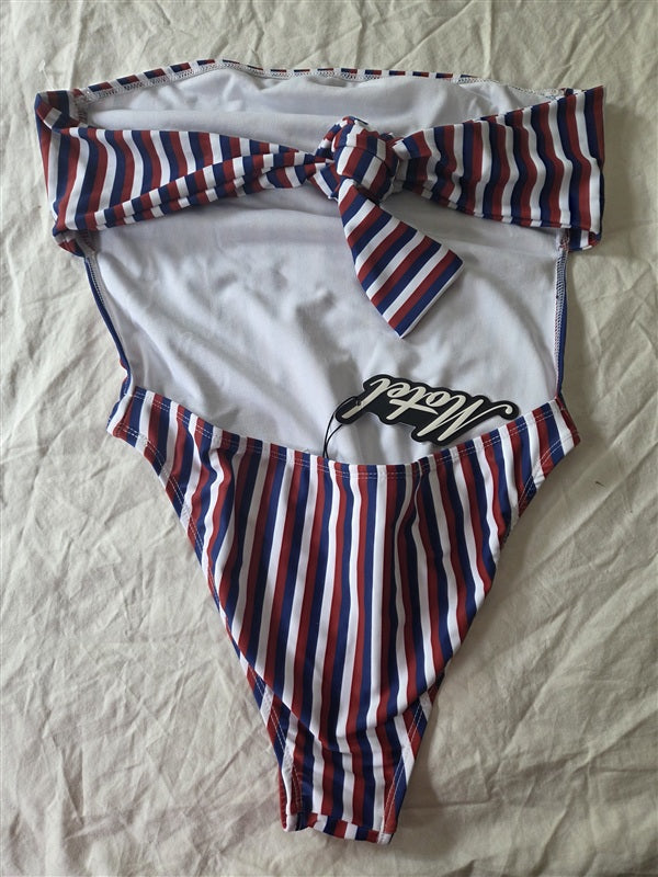 NWT Motel S Zolly Triple Stripe One Piece Strapless Swimsuit Red Wht Blue 136610
