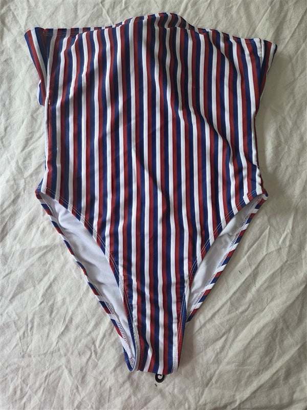 NWT Motel S Zolly Triple Stripe One Piece Strapless Swimsuit Red Wht Blue 136610