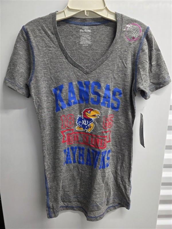 NWT Pro Edge M Kansas Jayhawks Beak'em Hawks Women's V neck T Shirt 136635