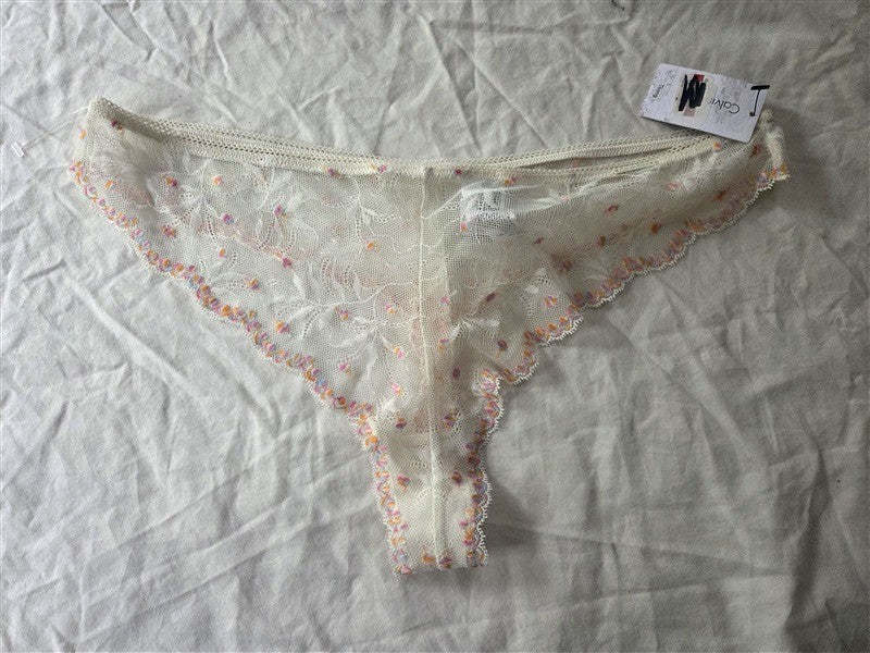 Calvin Klein XL Embroidered Pom Pom Lace Thong Panty Ivory QF5190 136666