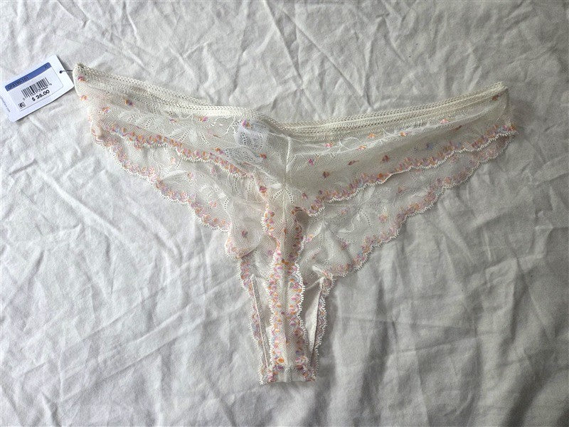 Calvin Klein XL Embroidered Pom Pom Lace Thong Panty Ivory QF5190 136666