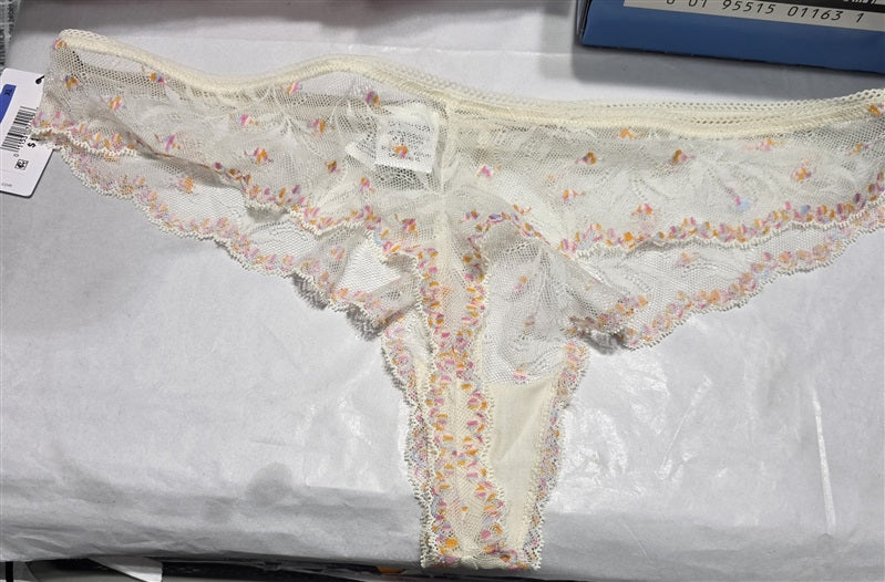 Calvin Klein XL Embroidered Pom Pom Lace Thong Panty Ivory QF5190 136666